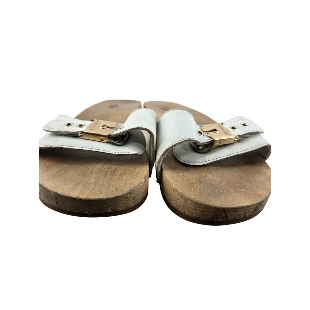Dr. Scholls Original Collection White Leather Wood Clog Slide Sandals Womens 9M